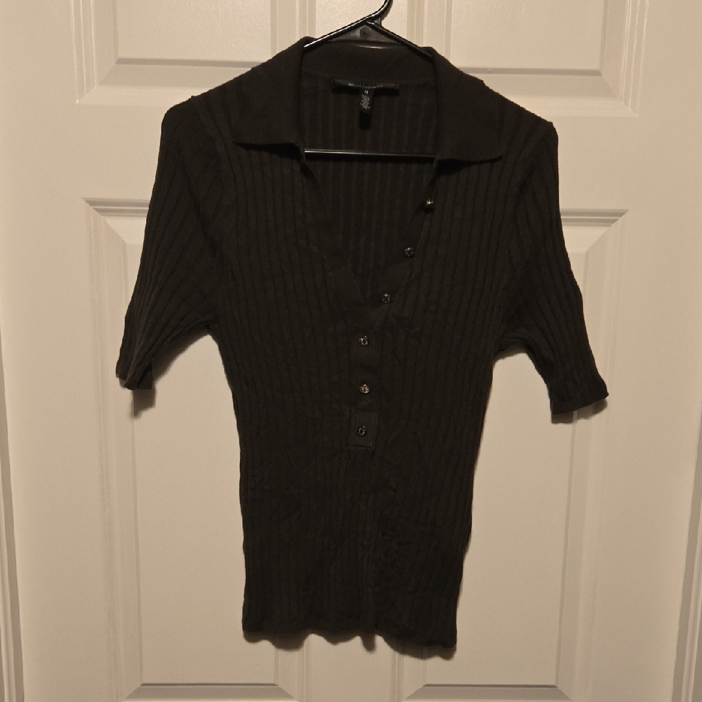 White House Black Market Dark Olive Body Con Short Sleeve Knit Top